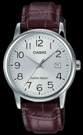 Casio Collection date watch leather strap silver Nexorano
